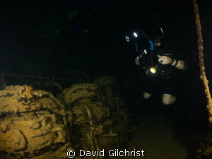 Engine room exploration, Kanshu Maru, Truk Lagoon by David Gilchrist 